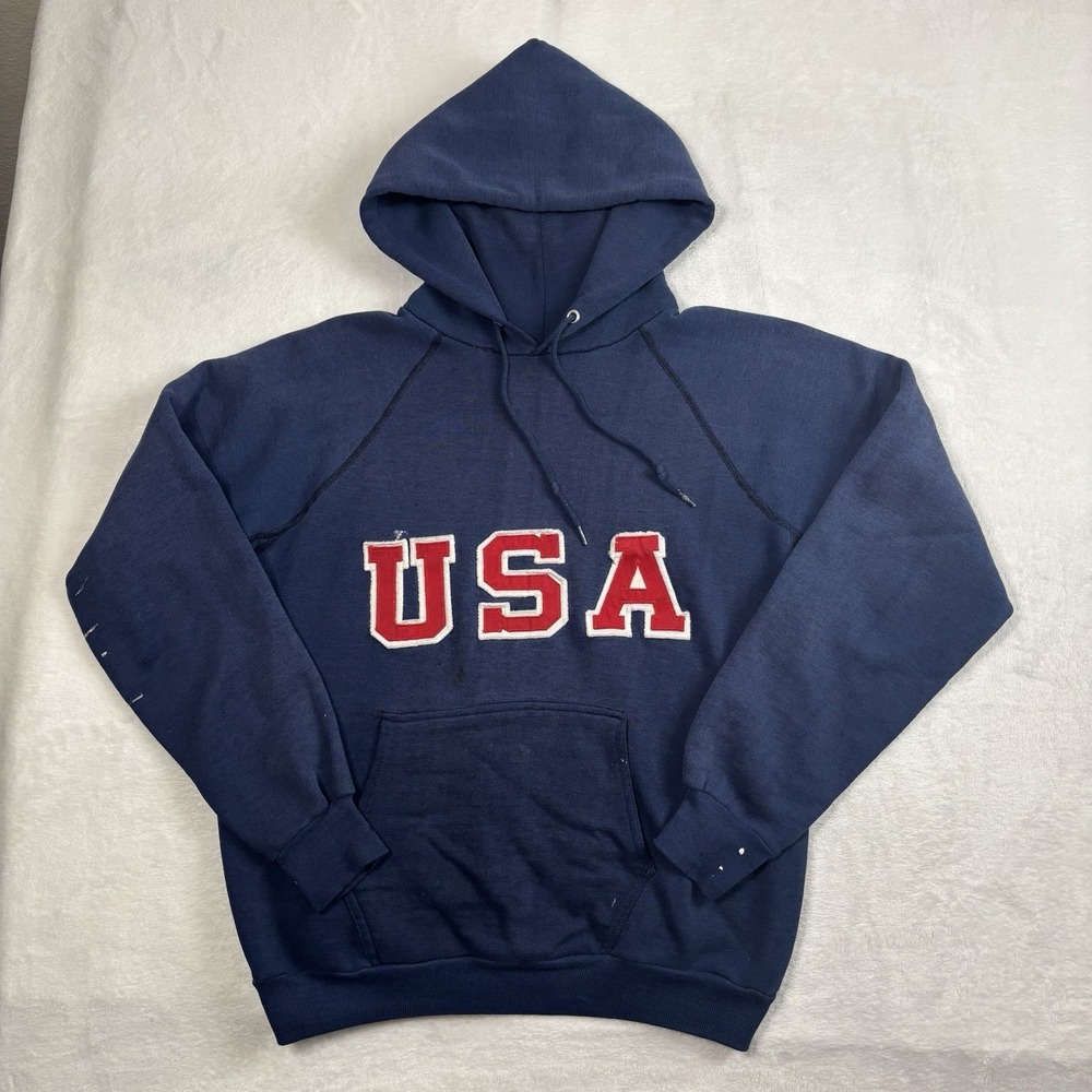 VTG 70's 80's Discus USA Olympics Blue Pullover LS Hoodie Men's Large Distressed